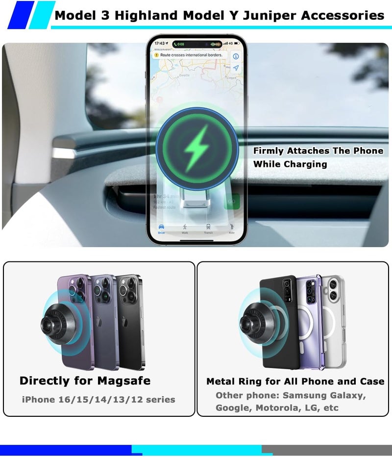 ANKEWAY Phone Mount Holder Only for Tesla Model 3 Highland Model Y Juniper 2026 with 15W Wireless Charging, Tesla Phone Charger for Magsafe, Model 3 Model Y Accessories 2025, for iPhone 16 15 14 13 12 Series - Image 4
